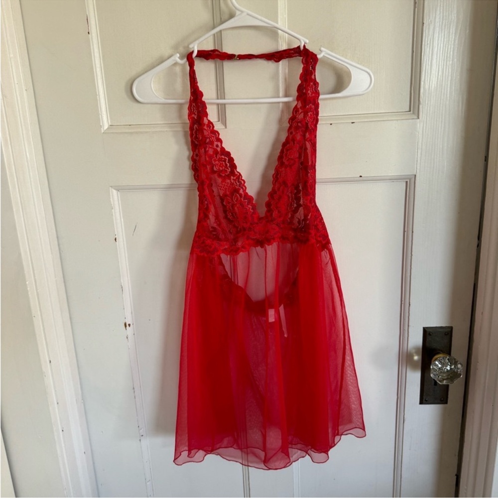 Victoria's Secret red lace halter chemise lingerie size‎ large